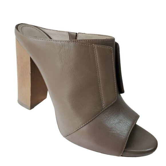 Pour La Victoire Gray Leather Peep Toe Slide Wood Block Heel Women Shoe Size 8.5 - Picture 1 of 10